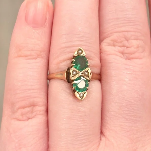 Antique Edwardian 10K Green Ring, Size 5.5, Rose Gold, Navette - Picture 6 of 17